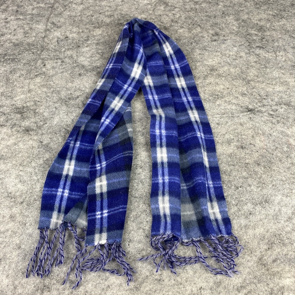 Royal Rossi Scarf 100% Cashmere Blue White Plaid 44" Long Fringe Preppy Wrap